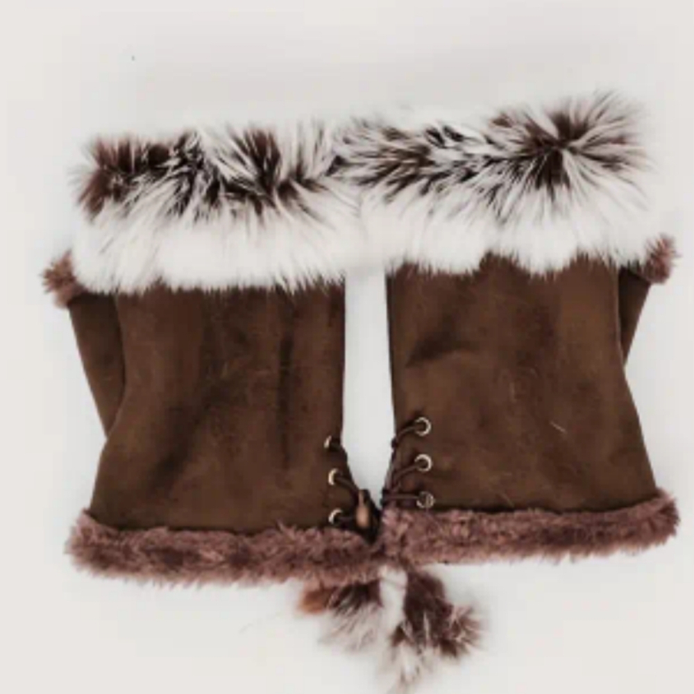 NWT Barbiecore brown faux rabbit fur winter fingerless gloves‎ (#1,045)